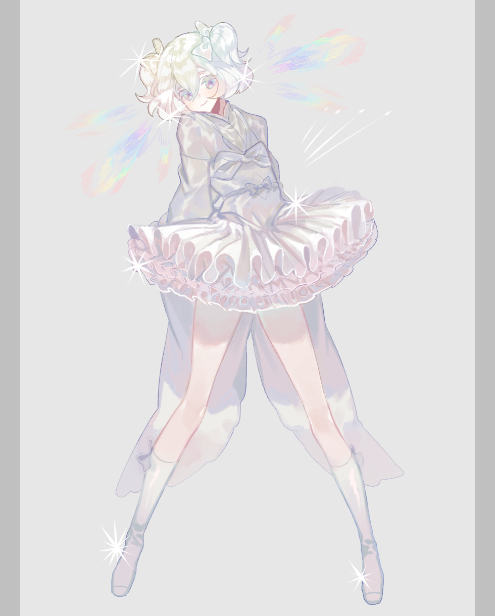 androgynous blush boots closed_mouth diamond_(houseki_no_kuni) frilled_skirt frills full_body glint grey_background grey_eyes grey_footwear hair_between_eyes highres houseki_no_kuni japanese_clothes kimono legs_apart long_sleeves looking_at_viewer lunch_(lunchicken) pillarboxed shiny shiny_hair simple_background skirt smile solo wide_sleeves
