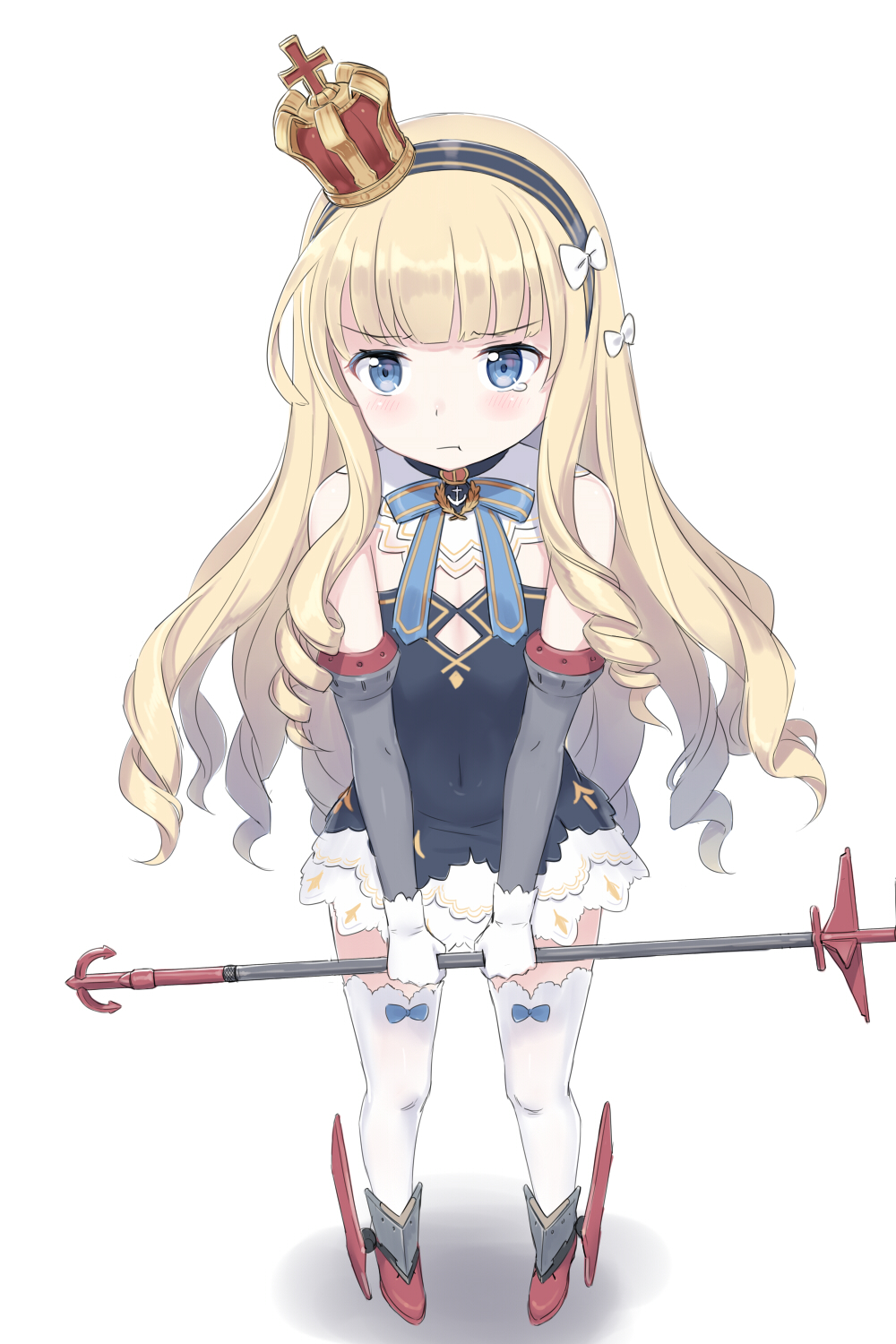 1girl :t azur_lane bangs bare_shoulders black_dress blonde_hair blue_eyes blunt_bangs blush boots bow closed_mouth covered_navel crown curly_hair detached_sleeves dress full_body gloves hair_bow hairband highres holding holding_staff kataokasan long_hair mini_crown pigeon-toed queen_elizabeth_(azur_lane) simple_background solo staff standing tears thigh-highs very_long_hair white_background white_bow white_gloves white_legwear