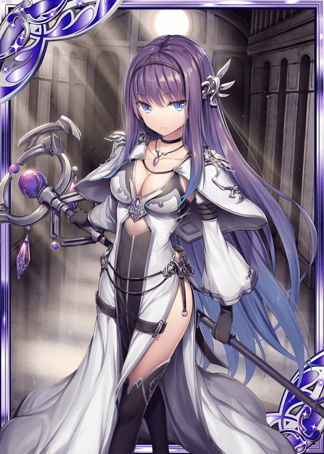 1girl akkijin black_gloves blue_eyes boots breasts card_(medium) gloves hair_ornament high_heel_boots high_heels holding holding_weapon indoors jewelry long_hair medium_breasts necklace priestess purple_hair shinkai_no_valkyrie solo staff sunlight temple weapon