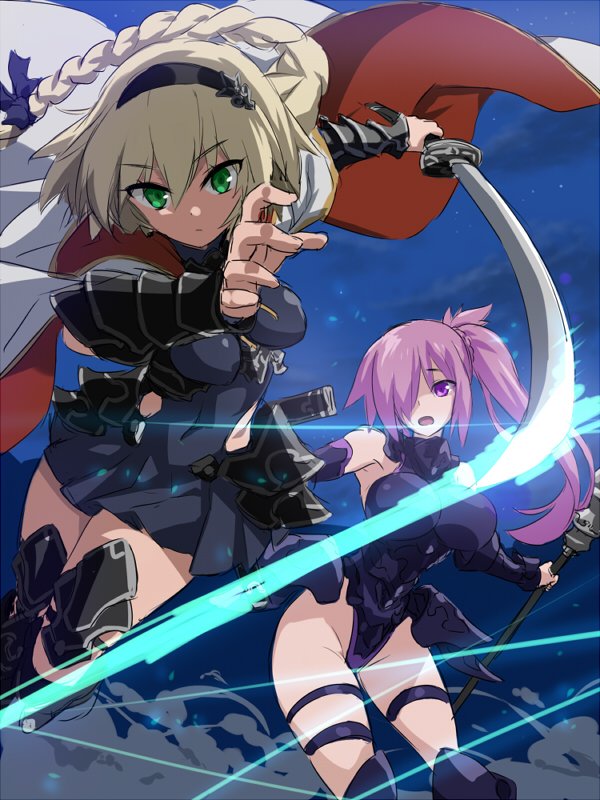 2girls alternate_hair_color alternate_hairstyle arm_guards armor armpits bare_shoulders black_dress black_hairband black_leotard blonde_hair blue_fire braid breasts cape character_request closed_mouth clouds cloudy_sky contrapposto covered_navel detached_sleeves dress eyebrows_visible_through_hair fate/grand_order fate_(series) faulds fire flaming_sword foreshortening green_eyes groin hair_over_one_eye hairband holding holding_staff holding_sword holding_weapon hotori_(sion) katana large_breasts leotard long_hair long_sleeves looking_at_viewer mash_kyrielight medium_breasts multiple_girls night night_sky outdoors ponytail reaching_out single_braid sketch skin_tight sky smoke staff standing sword taut_clothes taut_dress thigh_strap thighs tsurime unsheathed v-shaped_eyebrows very_long_hair weapon white_cape