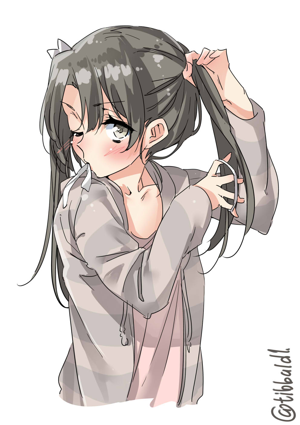 1girl arm_up bangs black_eyes black_hair blush ebifurya eyebrows_visible_through_hair hair_between_eyes hair_ribbon highres holding holding_hair hood hoodie kantai_collection long_hair long_sleeves looking_at_viewer mouth_hold one_eye_closed ribbon simple_background solo striped striped_hoodie twitter_username tying_hair upper_body white_background white_ribbon zuikaku_(kantai_collection)