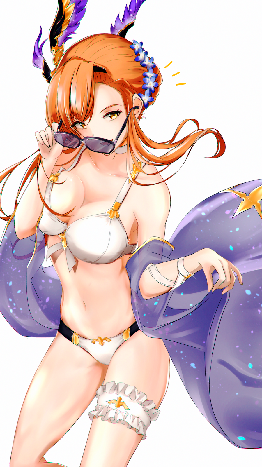 /\/\/\ 1girl :d asymmetrical_bangs bangs bare_shoulders bikini blush breast_press breasts brown_eyes brown_hair collarbone daisu flower glint granblue_fantasy hair_flower hair_ornament highres holding large_breasts leg_garter looking_at_viewer open_mouth short_hair_with_long_locks simple_background smile solo song_(granblue_fantasy) sparkle standing sunglasses swimsuit white_background white_bikini