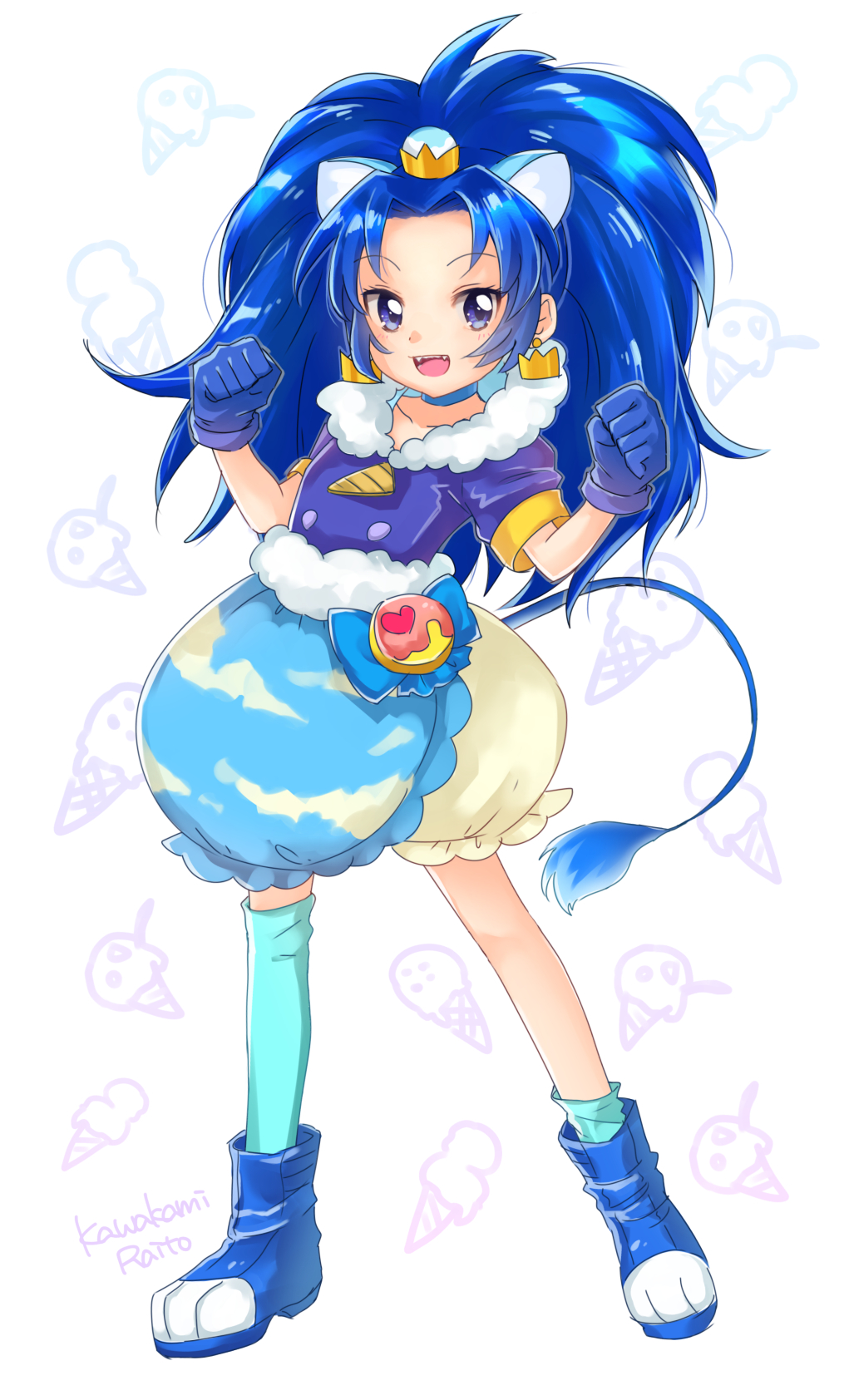 1girl :d animal_ears artist_name blue_bow blue_eyes blue_footwear blue_gloves blue_hair blue_legwear blue_neckwear blue_shirt blue_skirt bow choker crown cure_gelato earrings full_body gloves highres jewelry kawagami_raito kirakira_precure_a_la_mode layered_skirt lion_ears lion_tail long_hair looking_at_viewer magical_girl mini_crown open_mouth precure shirt shoes simple_background single_thighhigh skirt smile solo standing tail tategami_aoi thigh-highs white_background white_skirt