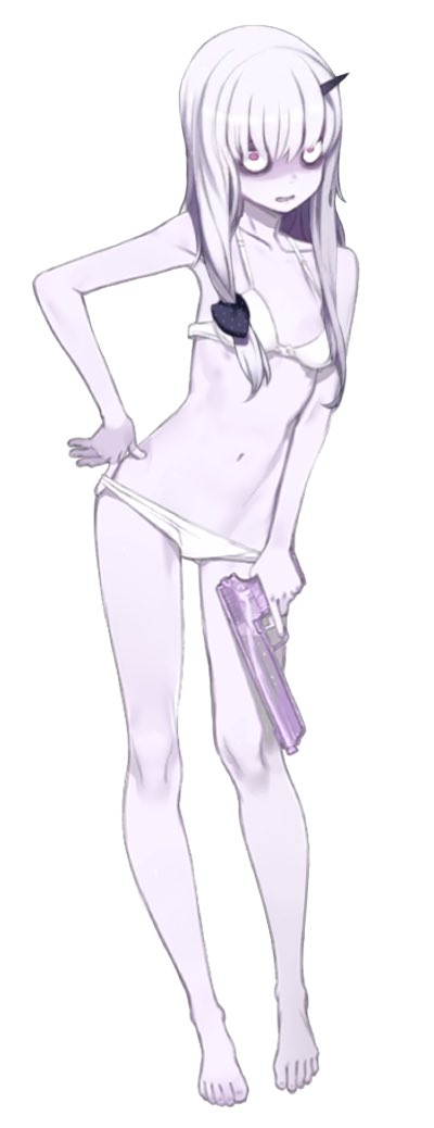 1girl albino bags_under_eyes bangs bare_arms bare_legs bare_shoulders barefoot bikini breasts collarbone constricted_pupils fate/grand_order fate_(series) full_body gun hair_between_eyes holding horn lavender_hair lavender_skin lavinia_whateley_(fate/grand_order) long_hair navel open_mouth photoshop pink_eyes shaded_face sidelocks simple_background small_breasts solo stomach straight_hair swimsuit toenails underwear water_gun weapon white_background white_bikini wide-eyed