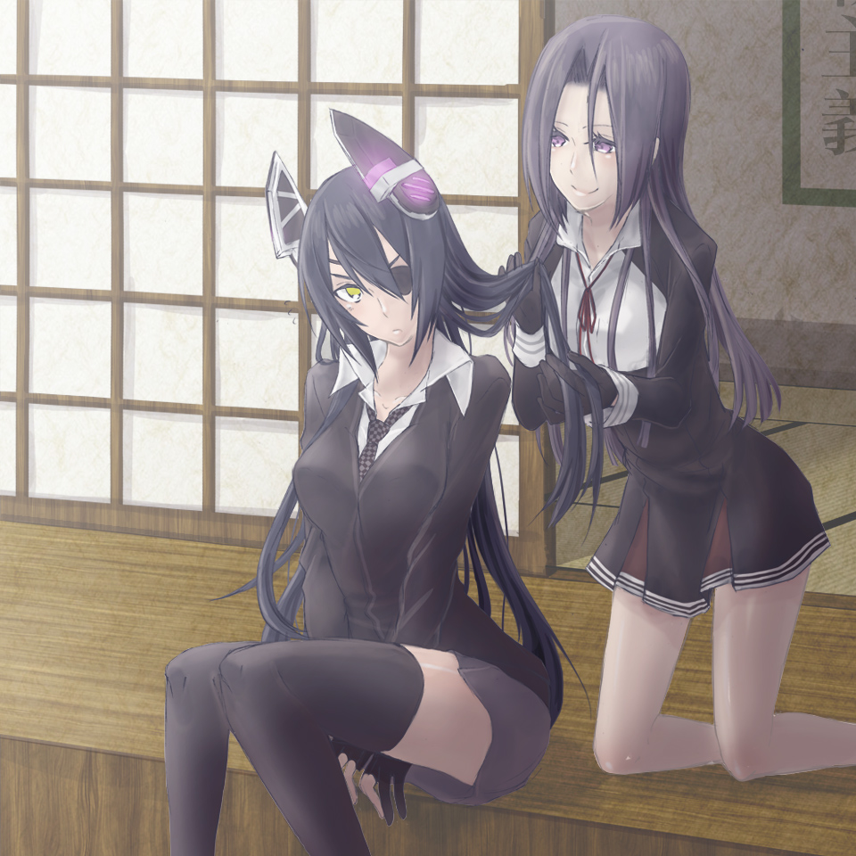 2girls adjusting_hair alternate_hair_length alternate_hairstyle b-cat commentary_request eyepatch frown kantai_collection kneeling long_sleeves multiple_girls purple_hair sitting sliding_doors smile tatami tatsuta_(kantai_collection) tenryuu_(kantai_collection) thigh-highs violet_eyes yellow_eyes