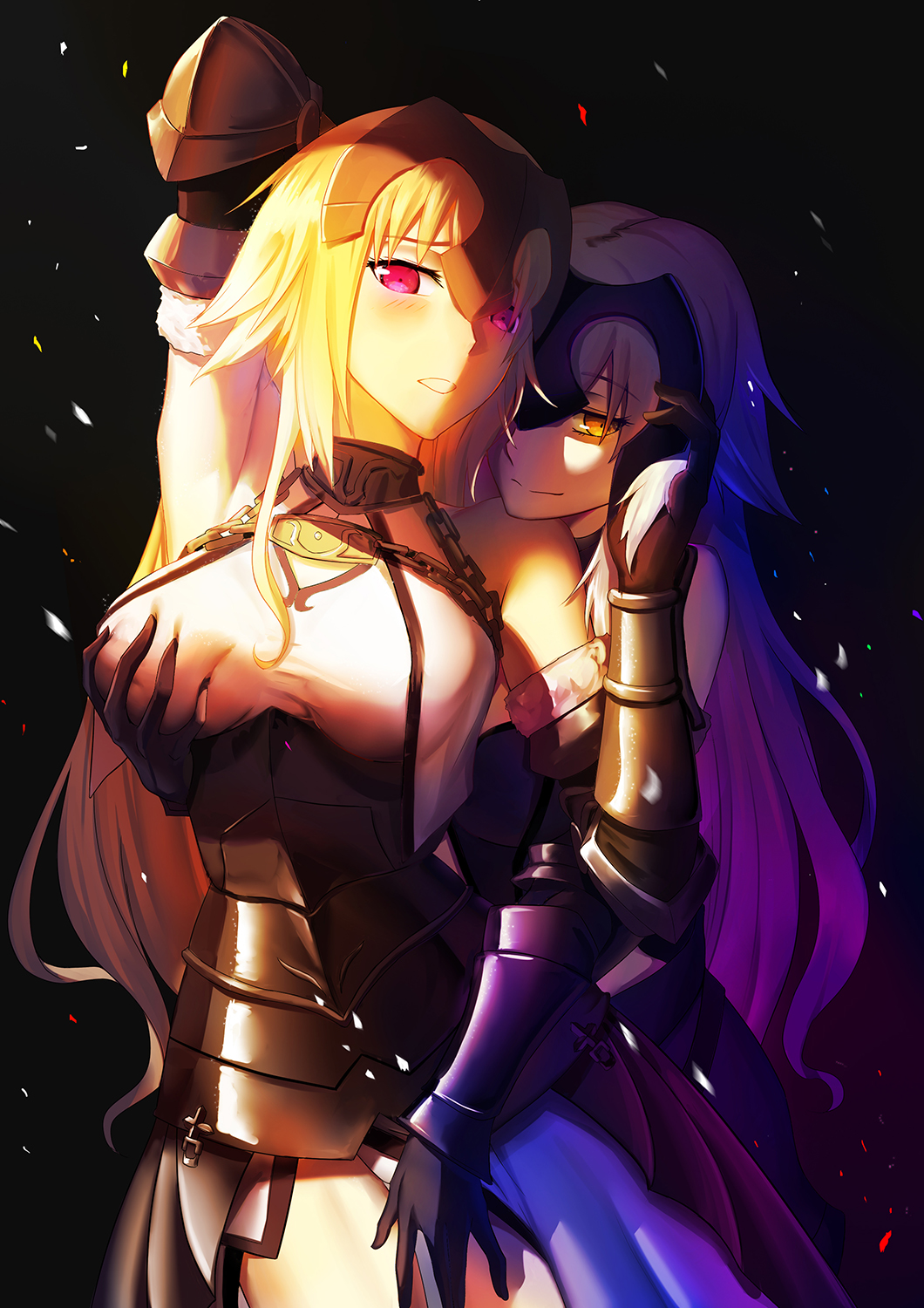 2girls arm_behind_head armor armored_dress armpits bare_shoulders black_gloves blonde_hair blush breast_grab breasts chains chin_rest closed_mouth collar dress dual_persona elbow_gloves fate/grand_order fate_(series) freze gloves grabbing grabbing_from_behind headpiece highres jeanne_d'arc_(alter)_(fate) jeanne_d'arc_(fate) jeanne_d'arc_(fate)_(all) large_breasts long_hair multiple_girls open_mouth panties pauldrons pink_eyes silver_hair smile underwear very_long_hair white_dress white_panties yellow_eyes yuri