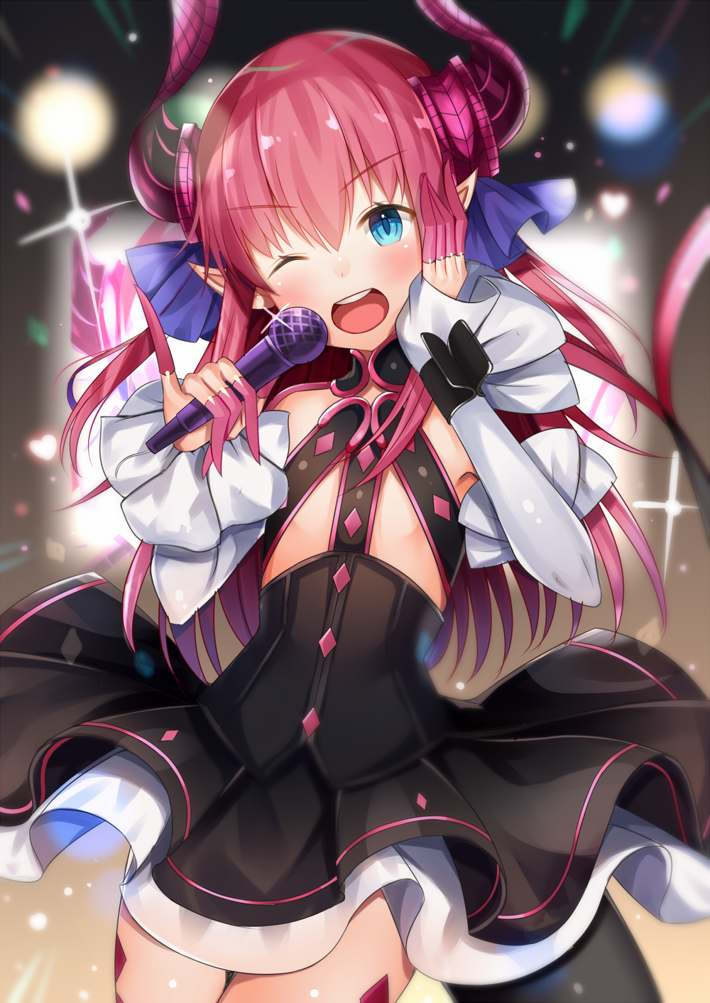 1girl ;d aozora_nan armpits backlighting bangs black_dress blue_eyes blurry blurry_background curled_horns detached_sleeves dress elizabeth_bathory_(fate) elizabeth_bathory_(fate)_(all) eyebrows_visible_through_hair fate/extra fate/extra_ccc fate_(series) flat_chest glint hand_on_own_cheek hand_up head_tilt heart highres holding holding_microphone lancer_(fate/extra_ccc) long_hair long_sleeves looking_at_viewer microphone one_eye_closed open_mouth pink_hair pinky_out pointy_ears round_teeth sleeves_past_wrists smile tail teeth thigh_gap thighs very_long_hair wrist_cuffs