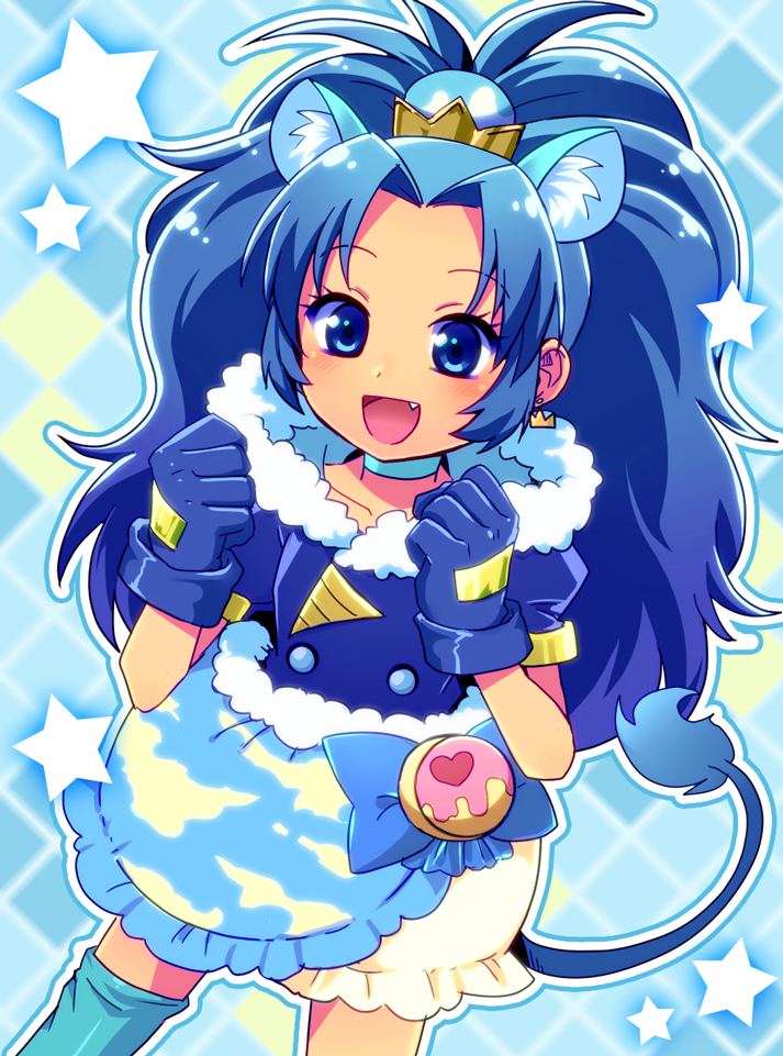 1girl :d animal_ears blue blue_background blue_bow blue_eyes blue_gloves blue_hair blue_legwear blue_neckwear blue_shirt blue_skirt bow choker cowboy_shot crown cure_gelato earrings extra_ears gloves jewelry kirakira_precure_a_la_mode layered_skirt lion_ears lion_tail long_hair looking_at_viewer magical_girl mini_crown oginy open_mouth precure shirt single_thighhigh skirt smile solo star tail tategami_aoi thigh-highs white_skirt