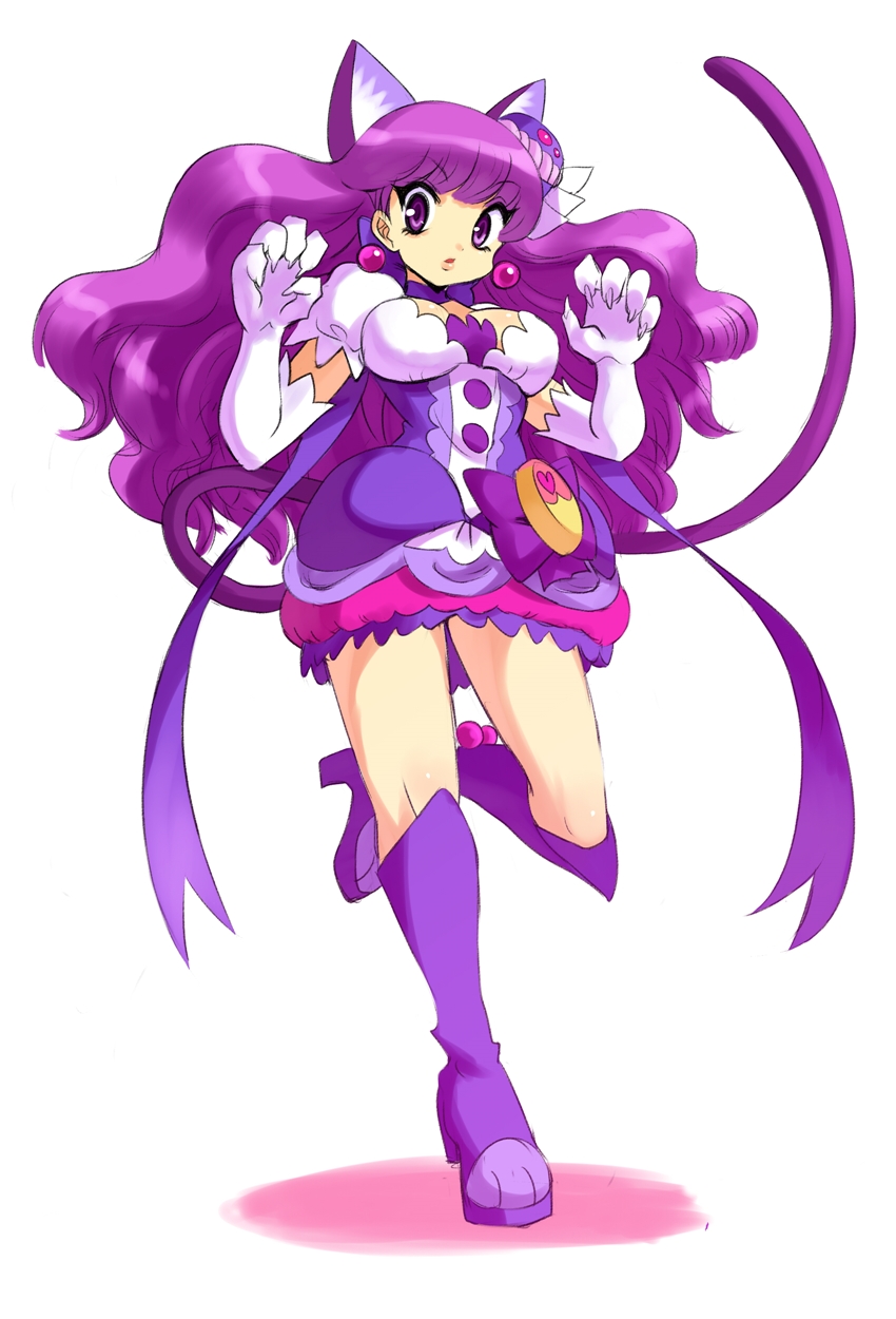 1girl animal_ears boots breasts cat_ears cat_tail choker cure_macaron dress earrings elbow_gloves expressionless extra_ears food_themed_hair_ornament full_body gloves hair_ornament highres jewelry kamiyama_teten kirakira_precure_a_la_mode knee_boots kotozume_yukari layered_dress long_hair looking_at_viewer macaron_hair_ornament magical_girl medium_breasts precure purple_dress purple_footwear purple_hair purple_neckwear ribbon_choker simple_background solo standing standing_on_one_leg tail violet_eyes white_background white_gloves