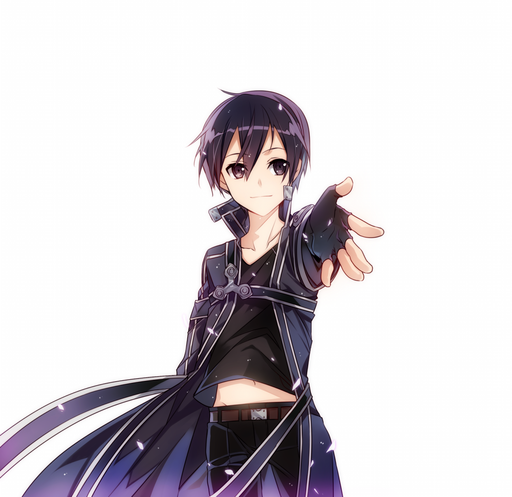 1boy belly_peek belt black_eyes black_gloves black_hair black_pants black_shirt collarbone cowboy_shot fingerless_gloves gloves groin hair_between_eyes jianmo_sl kirito looking_at_viewer midriff navel outstretched_arm pants shirt simple_background smile solo standing stomach sword_art_online white_background