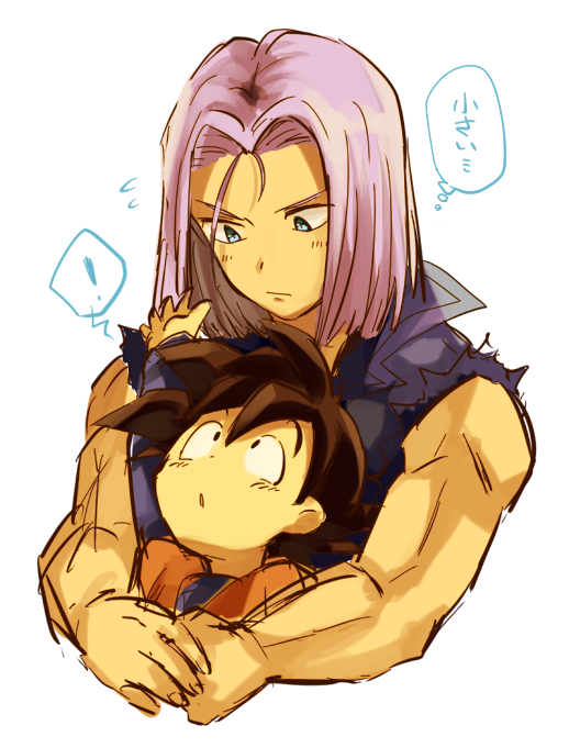 ! 2boys :o bare_arms black_eyes black_hair blue_eyes denim denim_jacket dougi dragon_ball dragonball_z expressionless hug hug_from_behind long_sleeves looking_down looking_up male_focus multiple_boys neko_ni_chikyuu nervous open_mouth purple_hair short_hair simple_background sleeveless son_goten speech_bubble spiky_hair sweatdrop thought_bubble translation_request trunks_(dragon_ball) white_background