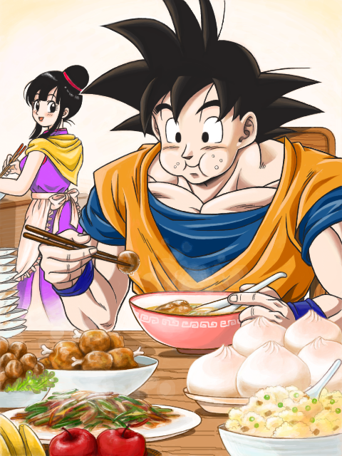 1boy 1girl apple apron banana black_eyes black_hair blush chi-chi_(dragon_ball) chinese_clothes chopsticks couple dougi dragon_ball dragonball_z dumpling eating food fruit happy hetero looking_at_another looking_back masa_(p-piyo) onigiri open_mouth rice short_hair simple_background smile son_gokuu spiky_hair spoon tied_hair white_background wristband