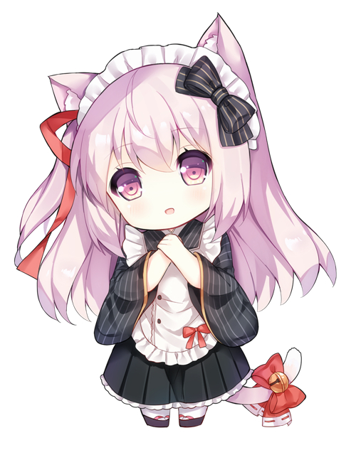 1girl :d animal_ears apron azur_lane bangs bell black_bow black_kimono black_skirt blush bow cat_ears cat_girl cat_tail chibi commentary_request eyebrows_visible_through_hair frilled_apron frills full_body hair_between_eyes hair_bow hair_ribbon head_tilt japanese_clothes jingle_bell kimono kisaragi_(azur_lane) long_hair long_sleeves looking_at_viewer maid maid_apron maid_headdress open_mouth own_hands_together pink_eyes pink_hair pleated_skirt red_bow red_ribbon ribbon skirt smile solo striped striped_bow striped_kimono tabi tail tail_bell tail_bow tengxiang_lingnai very_long_hair wa_maid white_apron white_legwear wide_sleeves zouri