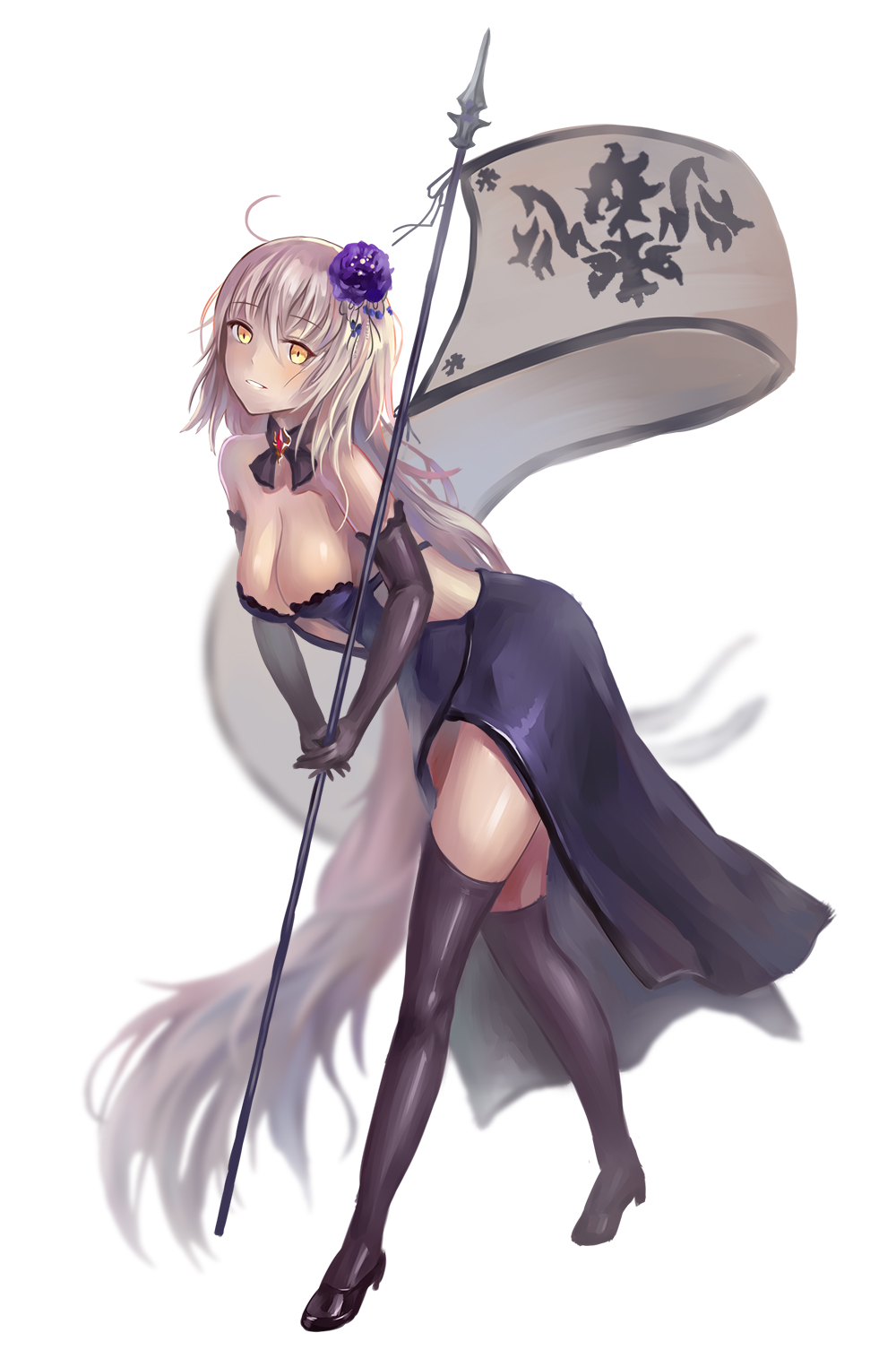 1girl absurdly_long_hair ahoge banner black_dress black_gloves black_legwear breasts choker cleavage dress elbow_gloves eyebrows_visible_through_hair fate/grand_order fate_(series) flower full_body gloves grin hair_between_eyes hair_flower hair_ornament highres holding holding_weapon jeanne_d'arc_(alter)_(fate) jeanne_d'arc_(fate)_(all) large_breasts leaning_forward long_hair purple_flower shiny shiny_skin silver_hair simple_background sleeveless sleeveless_dress smile solo standing strapless strapless_dress thigh-highs very_long_hair weapon white_background yahiro_(666131415) yellow_eyes