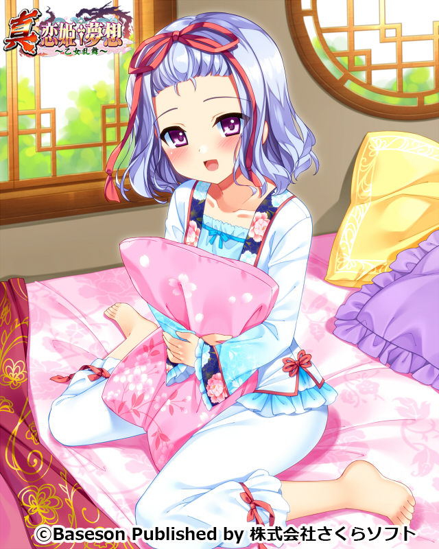 1girl barefoot bed blue_hair blush bucchake_(asami) feet indoors koihime_musou official_art open_mouth pajamas pants pillow pillow_hug ribbon shirt short_hair sitting smile solo toutaku violet_eyes white_pajamas white_pants white_shirt window