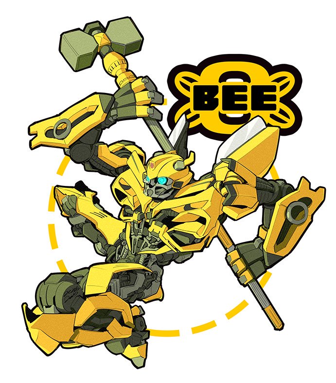 1boy armor autobot blue_eyes borezet bumblebee full_body hammer holding holding_weapon looking_away looking_to_the_side no_humans simple_background transformers weapon white_background