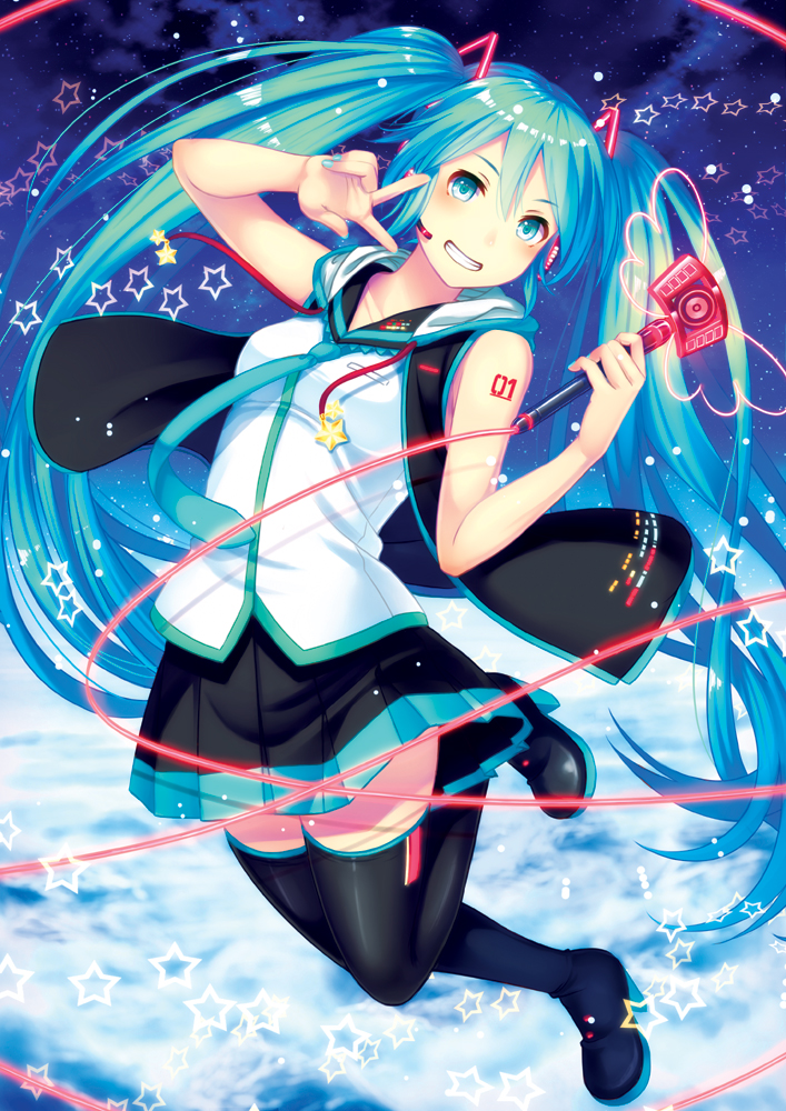 1girl bare_shoulders bent_knees black_skirt blue_eyes blue_hair blush boots breasts full_body grin hair_between_eyes hair_ornament hatsune_miku hood hood_down hoodie koko_(koko3) long_hair looking_at_viewer microphone open_clothes open_hoodie shirt skirt sleeveless sleeveless_shirt small_breasts smile solo star tattoo thigh-highs thigh_boots twintails v very_long_hair vocaloid white_shirt