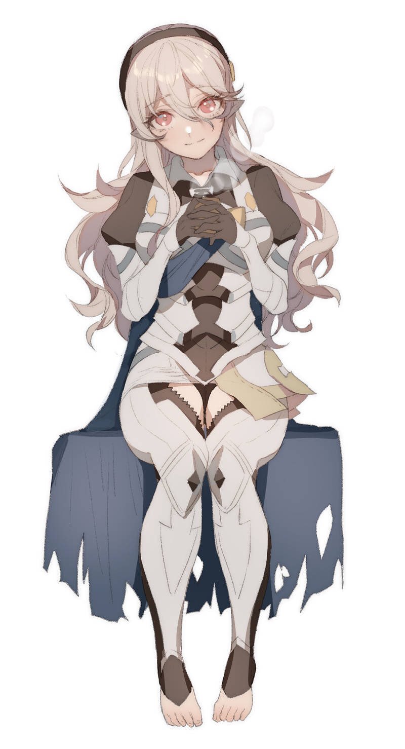 1girl armor barefoot blue_cape cape feet female_my_unit_(fire_emblem_if) fire_emblem fire_emblem_if gloves hair_between_eyes hair_ornament hairband highres long_hair looking_at_viewer my_unit_(fire_emblem_if) pointy_ears red_eyes silver_hair solo toeless_legwear toes white_hair zuizi