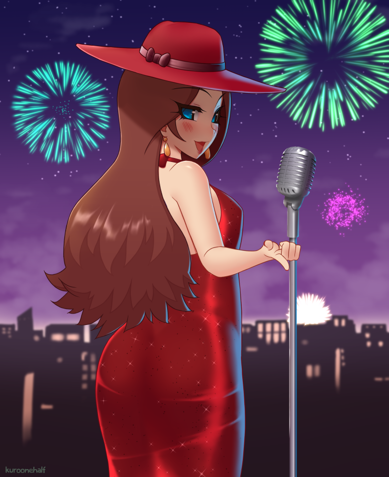 1girl brown_hair city dress earrings fireworks hat jewelry kuroonehalf long_hair looking_at_viewer looking_back super_mario_bros. microphone microphone_stand nail_polish night night_sky open_mouth pauline red_dress red_hat sky smile solo star_(sky) super_mario_odyssey