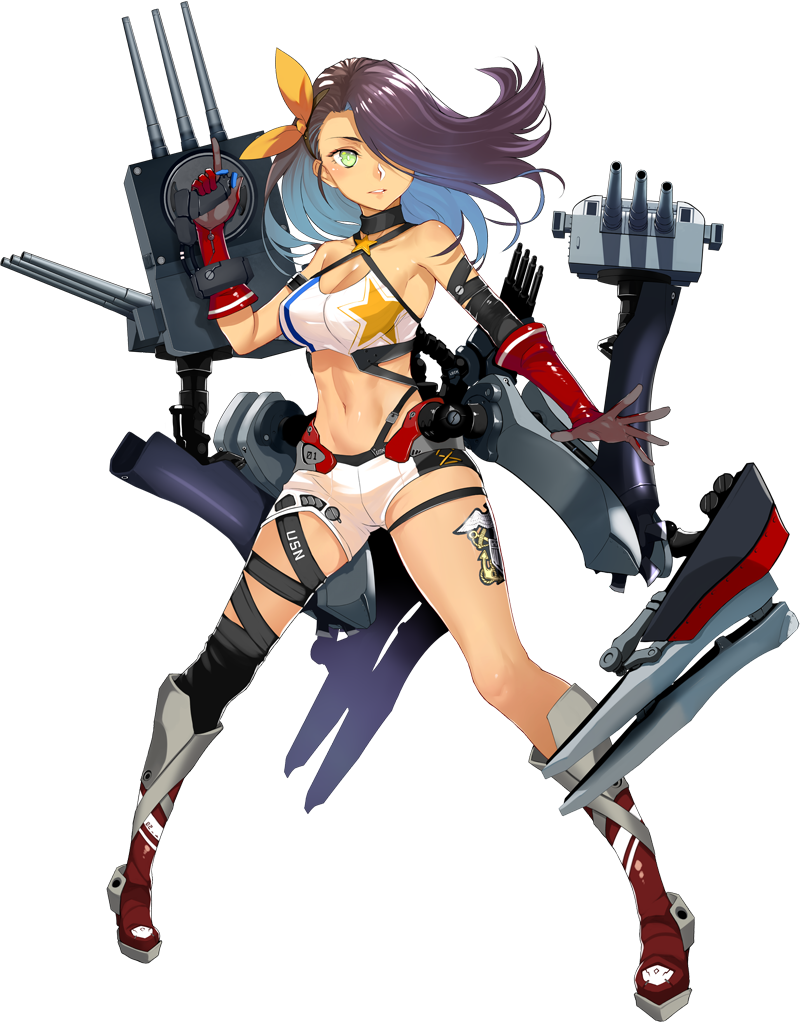 1girl anchor anchor_tattoo arm_at_side armpits asymmetrical_clothes azur_lane bare_shoulders black_choker black_legwear blush boots breasts bright_pupils choker cleavage clothes_writing collarbone criss-cross_halter crop_top dark_skin double_vertical_stripe elbow_gloves eyebrows eyelashes facing_away floating_hair full_body gloves green_eyes groin hair_over_one_eye hair_ribbon halter_top halterneck index_finger_raised kneehighs legs_apart lips long_hair looking_away looking_to_the_side machinery medium_breasts midriff navel northampton_(azur_lane) number official_art purple_hair realmbw red_footwear red_gloves ribbon shiny shiny_hair shirt shorts simple_background single_hair_intake single_kneehigh solo standing star star_print stomach striped striped_clothes striped_shirt tattoo thigh_strap transparent_background tsurime turret white_pupils white_shirt white_shorts yellow_ribbon