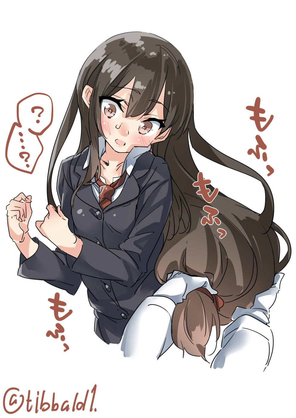 1girl ? bangs blush brown_eyes brown_hair buttons collarbone collared_shirt ebifurya eyebrows_visible_through_hair hair_between_eyes hatsushimo_(kantai_collection) highres kantai_collection long_hair long_sleeves open_mouth red_neckwear shirt sidelocks simple_background spoken_question_mark sweat twitter_username very_long_hair white_background white_shirt