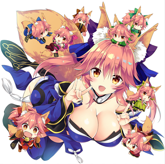 6+girls :d alternate_costume alternate_hairstyle animal_ears bell bell_collar blue_legwear blush breasts cat_paws collar collarbone fang fangs fate/extra fate/extra_ccc fate/grand_order fate_(series) fox_ears fox_shadow_puppet fox_tail gloves hair_ribbon jingle_bell large_breasts long_hair looking_at_viewer multiple_girls open_mouth paw_gloves paw_shoes paws pink_hair ribbon sasorigatame shoes smile tail tamamo_(fate)_(all) tamamo_cat_(fate) tamamo_no_mae_(fate) yellow_eyes