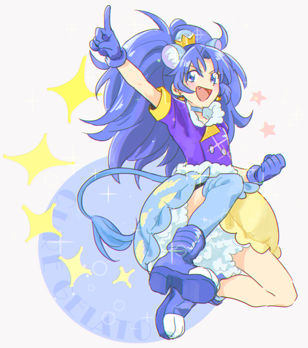 1girl :d animal_ears arm_up blue_eyes blue_footwear blue_gloves blue_hair blue_legwear blue_neckwear blue_shirt blue_skirt character_name choker crown cure_gelato earrings extra_ears full_body gloves jewelry jiro_(rakugakiokiba) kirakira_precure_a_la_mode layered_skirt lion_ears lion_tail long_hair looking_at_viewer mini_crown open_mouth petticoat precure shirt shoes single_thighhigh skirt smile solo tail tategami_aoi thigh-highs white_background yellow_skirt