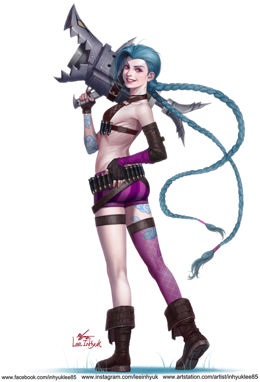 1girl artist_name artstation_username ass black_gloves blue_tattoo boots braid brown_footwear facebook_username fingerless_gloves flat_chest full_body gloves grass gun highres holding holding_gun holding_weapon in-hyuk_lee instagram_username jinx_(league_of_legends) league_of_legends looking_at_viewer mismatched_legwear nose parted_lips simple_background solo striped tattoo teeth vertical_stripes violet_eyes weapon white_background whorled_clouds