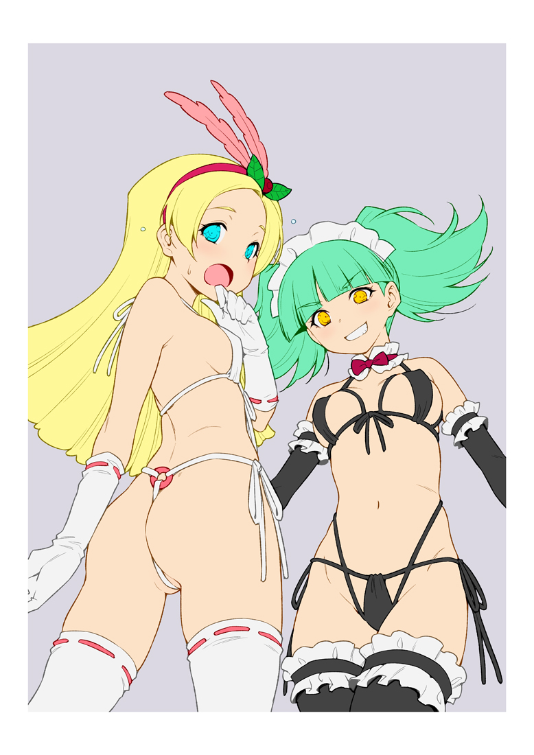 2girls aqua_eyes ass biburi_(precure) bikini black_bikini black_gloves black_legwear blonde_hair blush bow bowtie breasts choker clenched_teeth gloves green_hair hairband kazuma_muramasa kirahoshi_ciel kirakira_precure_a_la_mode looking_at_viewer maid_headdress medium_breasts multiple_girls open_mouth pink_neckwear precure short_hair smile standing swimsuit teeth thigh-highs twintails white_bikini white_gloves white_legwear yellow_eyes