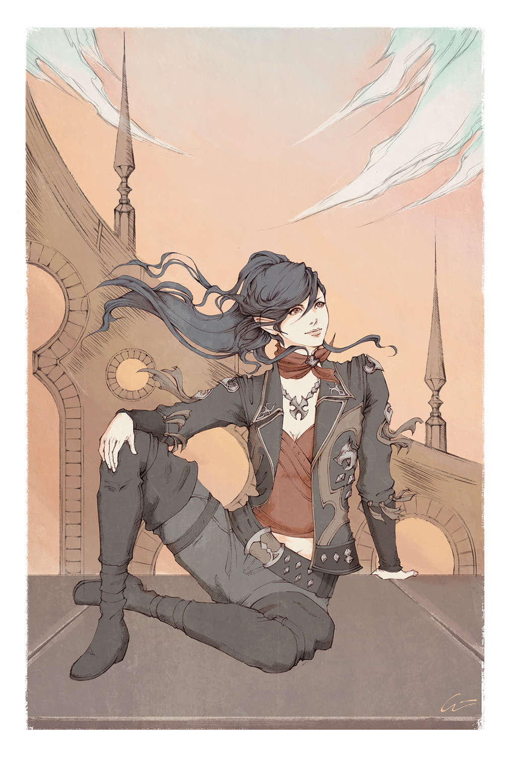 1girl black_hair boots breasts cleavage final_fantasy final_fantasy_xiv hand_on_own_knee highres hilda_(ffxiv) hybrid jacket jewelry leaning lips long_hair neckerchief necklace onyrica open_clothes open_jacket pointy_ears red_eyes sitting sky smile solo spread_legs thigh-highs thigh_boots wind