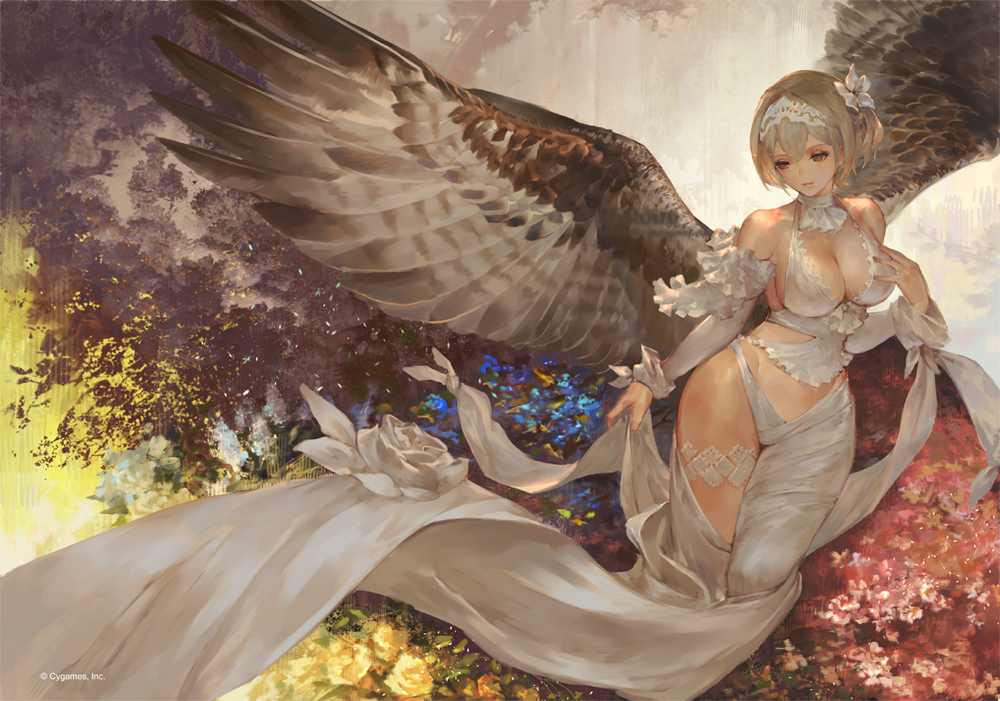1girl ascot bare_shoulders bird_wings bra breasts brown_eyes brown_hair closed_mouth detached_sleeves dress expressionless feathered_wings flower hair_flower hair_ornament large_breasts looking_down n.a. official_art panties revealing_clothes shingeki_no_bahamut short_hair solo underwear watermark white_bra white_dress white_neckwear white_panties wings