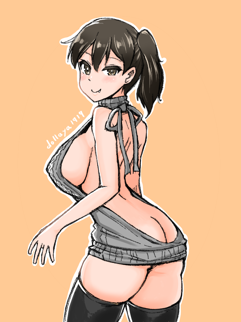 1girl aran_sweater backless_outfit bare_arms bare_back bare_shoulders breasts butt_crack drawstring dress fang fangs grey_sweater halterneck kaga-ya_(kaga_z) kaga_(kantai_collection) kantai_collection meme_attire naked_sweater open-back_dress orange_background ribbed_sweater sideboob simple_background sleeveless sleeveless_turtleneck solo sweater sweater_dress turtleneck turtleneck_sweater virgin_killer_sweater