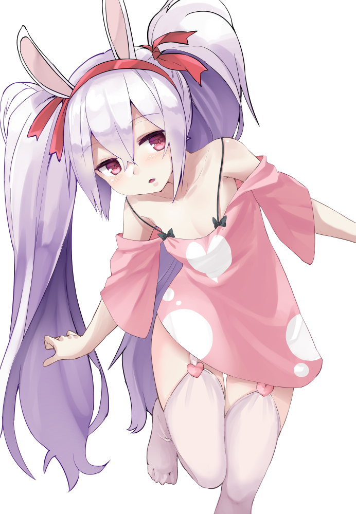 1girl :o animal_ears azur_lane bare_shoulders blush breasts cleavage collarbone dress eyebrows_visible_through_hair garter_straps hair_between_eyes hairband heart laffey_(azur_lane) lavender_hair leaning_forward long_hair looking_at_viewer no_shoes noa_(nagareboshi) off-shoulder_dress off_shoulder open_mouth pink_dress rabbit_ears red_hairband short_sleeves sidelocks simple_background small_breasts solo spaghetti_strap standing standing_on_one_leg thigh-highs thigh_gap twintails very_long_hair white_background white_legwear zettai_ryouiki