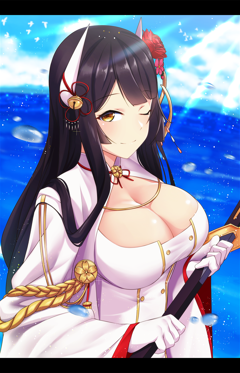 1girl azur_lane bangs black_hair breasts cleavage_cutout clouds commentary_request day flower gloves hair_ornament hiei_(azur_lane) highres holding holding_sword holding_weapon horns kagiyama_(gen'ei_no_hasha) katana large_breasts long_hair looking_at_viewer ocean one_eye_closed outdoors red_rose rose sky solo sunlight sword water weapon white_gloves wide_sleeves yellow_eyes