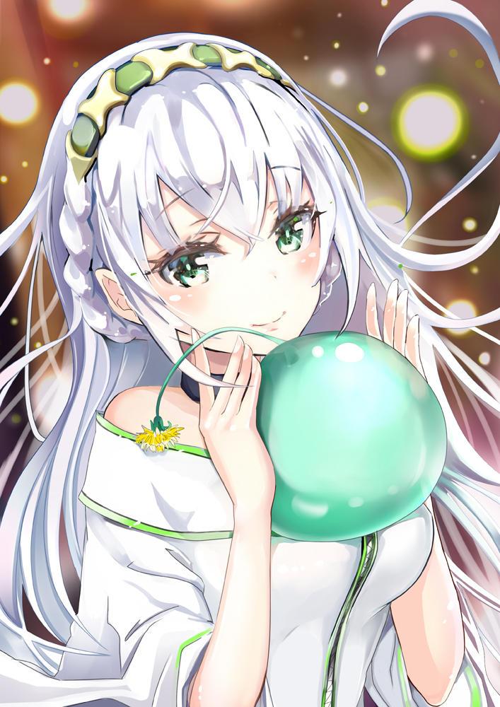 1girl blurry carrying choker commentary_request depth_of_field green_eyes hairband jacket keepout long_hair looking_at_viewer orb original silver_hair smile solo tsurime wide_sleeves