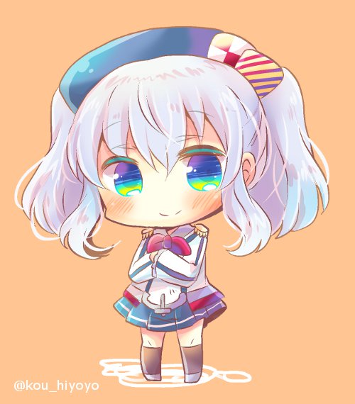 1girl beret blue_eyes chibi commentary_request crossed_arms epaulettes hat kantai_collection kashima_(kantai_collection) kouu_hiyoyo long_hair looking_at_viewer pleated_skirt silver_hair simple_background skirt smile solo twintails twitter_username