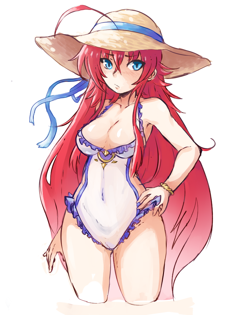 1girl ahoge bangs blue_eyes blue_swimsuit bracelet breasts closed_mouth cosplay cowboy_shot eyebrows_visible_through_hair frilled_swimsuit frills frown genkillua granblue_fantasy hand_on_hip heles heles_(cosplay) high_school_dxd jewelry long_hair looking_at_viewer medium_breasts navel one-piece_swimsuit redhead rias_gremory see-through solo standing swimsuit very_long_hair white_background white_swimsuit