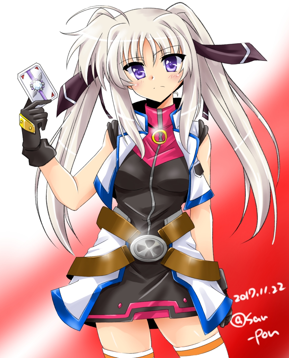 1girl ahoge alternate_hairstyle bangs belt belt_buckle black_dress black_gloves black_ribbon buckle closed_eyes cosplay cowboy_shot cross_mirage cross_mirage_(cosplay) dasuto dated dress eyebrows_visible_through_hair frown gloves gradient gradient_background hair_ribbon highres holding jacket long_hair looking_at_viewer lyrical_nanoha magical_girl mahou_shoujo_lyrical_nanoha_strikers overskirt red_background ribbon rinne_berlinetta scuderia short_dress silver_hair skirt solo standing teana_lanster teana_lanster_(cosplay) thigh-highs twintails twitter_username violet_eyes vivid_strike! white_jacket white_legwear white_skirt