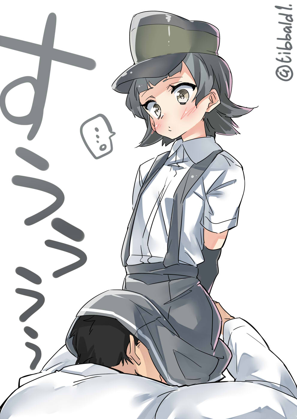 ... 1boy 1girl admiral_(kantai_collection) arare_(kantai_collection) arm_behind_back arm_warmers black_hair black_skirt blush brown_eyes collared_shirt ebifurya hat highres kantai_collection long_sleeves pleated_skirt shirt short_hair short_sleeves simple_background skirt spoken_ellipsis suspender_skirt suspenders twitter_username under_skirt white_background white_shirt