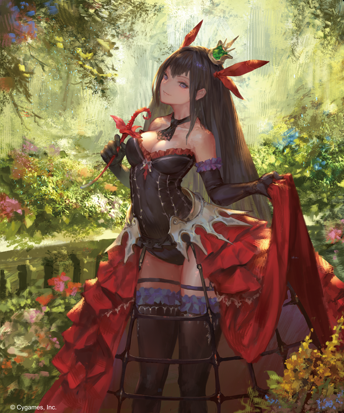 1girl bare_shoulders black_gloves black_hair black_leotard bow breasts cleavage crown day elbow_gloves flower gloves hair_bow hair_ornament holding holding_flower large_breasts leotard long_hair looking_at_viewer mini_crown n.a. official_art outdoors red_bow shingeki_no_bahamut smile solo standing thigh-highs tree very_long_hair violet_eyes watermark