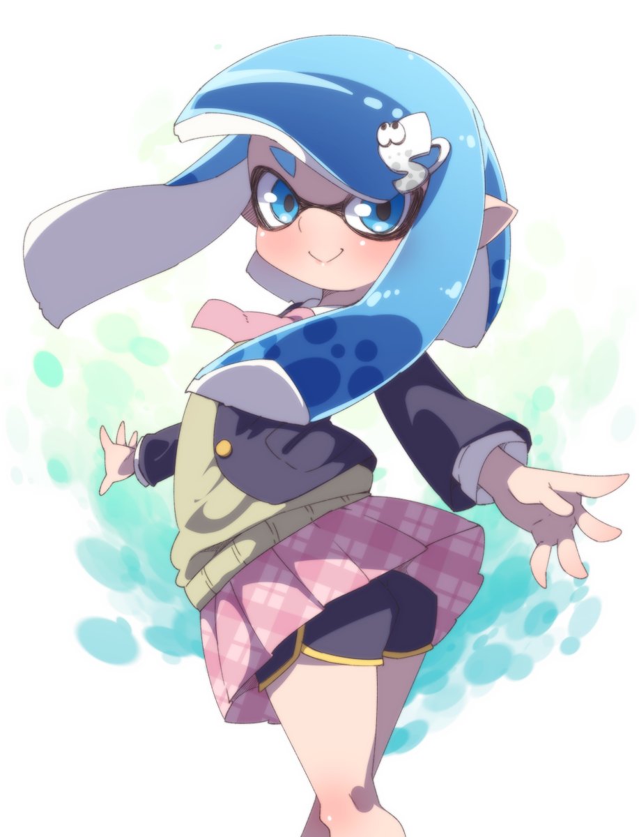 1girl ass black_shorts blazer blue_eyes blue_hair domino_mask from_behind hair_ornament hairclip highres inkling jacket looking_back mask miniskirt necktie outstretched_arms plaid plaid_skirt pointy_ears school_uniform short_hair_with_long_locks short_shorts shorts shorts_under_skirt skirt smile solo splatoon splatoon_2 sweater tentacle tentacle_hair wind wind_lift yuuki_(yuyuki000)