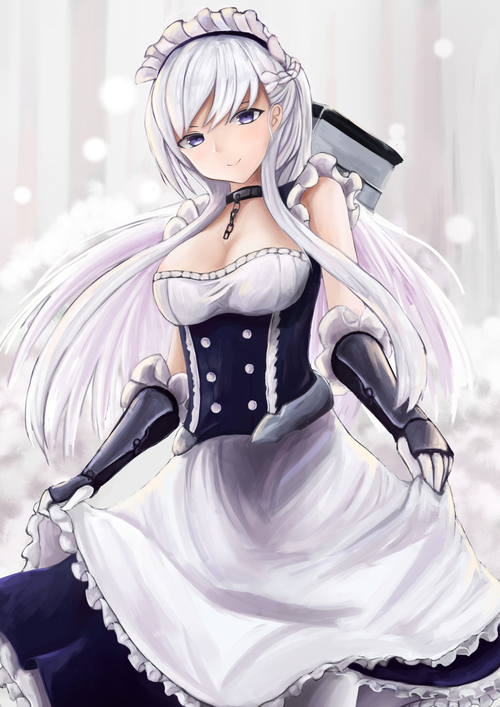 1girl apron apron_lift azur_lane bangs belfast_(azur_lane) blue_eyes blush braid breasts chains cleavage collar collarbone commentary_request eyebrows_visible_through_hair french_braid frilled_skirt frills gloves highres large_breasts long_hair looking_at_viewer maid maid_headdress ryara_vivi silver_hair skirt smile solo