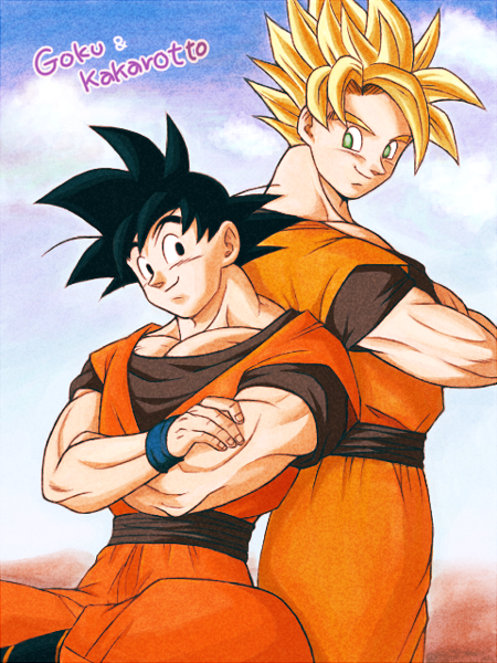 2boys back-to-back black_eyes black_hair blonde_hair character_name clone clouds cloudy_sky crossed_arms dougi dragon_ball dragonball_z green_eyes looking_at_another looking_back male_focus masa_(p-piyo) multiple_boys short_hair sitting sky smile son_gokuu spiky_hair standing super_saiyan wristband