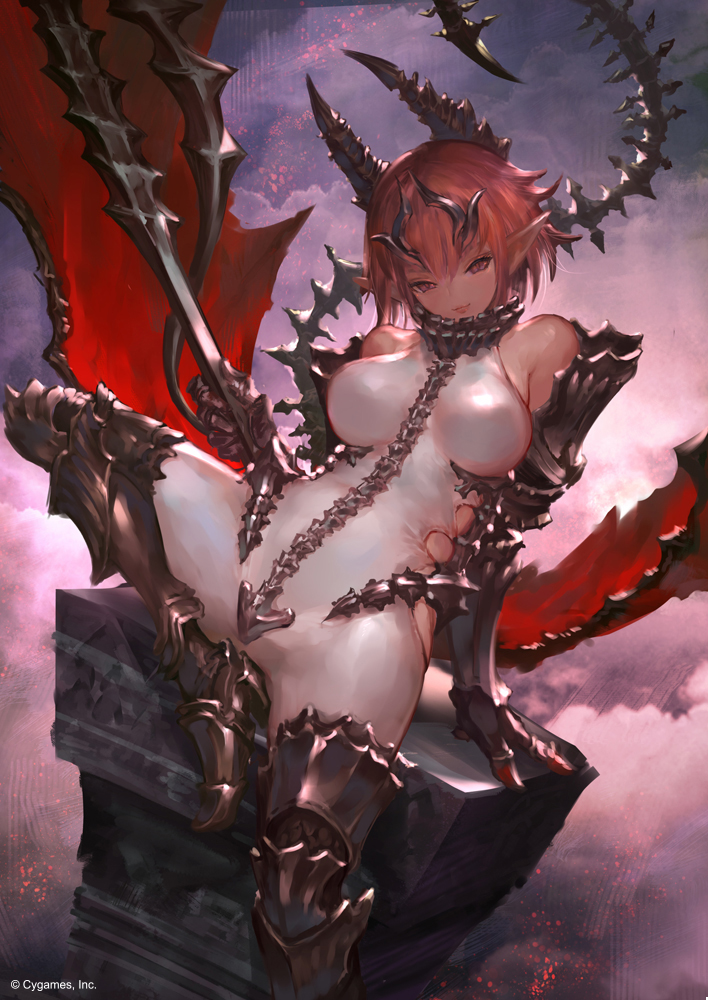 1girl armor bare_shoulders bodysuit boots breasts closed_mouth gauntlets greaves head_tilt holding large_breasts leg_up looking_at_viewer n.a. official_art pink_hair pointy_ears shingeki_no_bahamut short_hair sitting smile solo spikes spine spread_legs tail watermark white_bodysuit wings