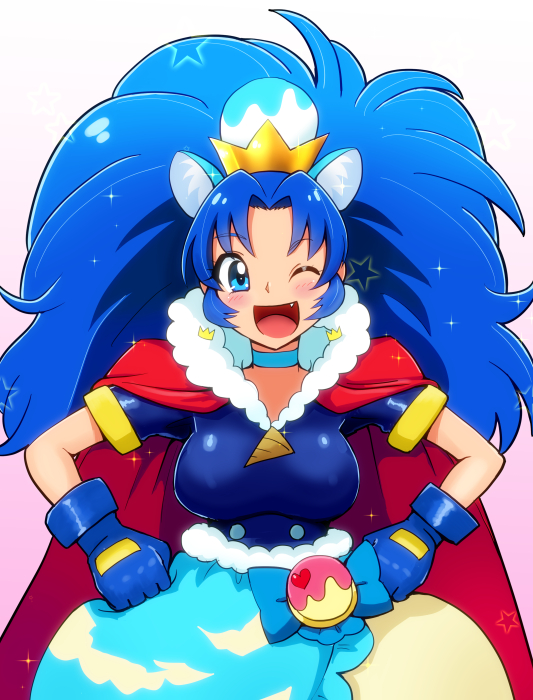 1girl ;d alternate_breast_size animal_ears bakusai blue_bow blue_gloves blue_hair blue_neckwear blue_shirt blue_skirt bow breasts cape choker cowboy_shot crown cure_gelato earrings extra_ears gloves gradient gradient_background hands_on_hips jewelry kirakira_precure_a_la_mode large_breasts layered_skirt lion_ears long_hair looking_at_viewer mini_crown one_eye_closed open_mouth pink_background precure red_cape shirt simple_background skirt smile solo tategami_aoi white_background white_skirt