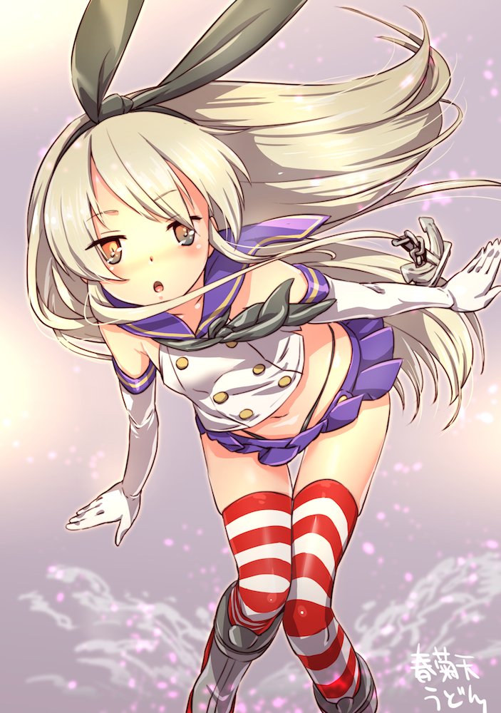 1girl anchor_hair_ornament artist_name black_panties blonde_hair blue_sailor_collar blue_skirt chestnut_mouth crop_top elbow_gloves full_body gloves grey_background hair_ornament hairband highleg highleg_panties kantai_collection leaning_forward long_hair looking_at_viewer microskirt orange_eyes panties pleated_skirt sailor_collar sailor_shirt shimakaze_(kantai_collection) shirt shungikuten skirt solo striped striped_legwear thigh-highs underwear white_gloves