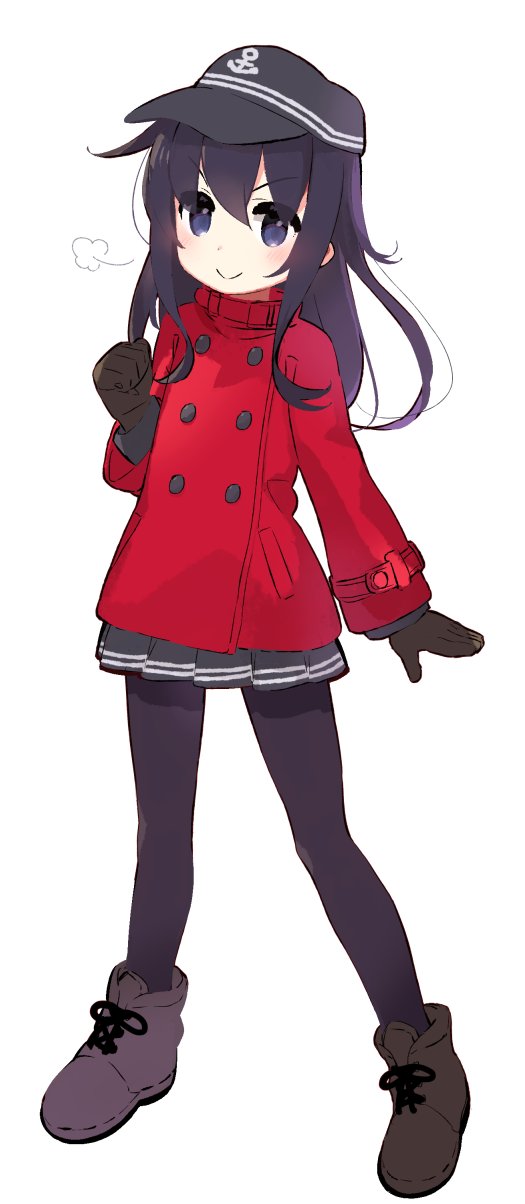1girl akatsuki_(kantai_collection) anchor_symbol bangs black_hat black_legwear black_skirt blush boots brown_footwear brown_gloves closed_mouth coat commentary_request eyebrows_visible_through_hair flat_cap full_body gloves hair_between_eyes hat highres kantai_collection long_hair long_sleeves looking_at_viewer pantyhose pleated_skirt purple_hair red_coat simple_background skirt smile solo standing violet_eyes white_background yoru_nai