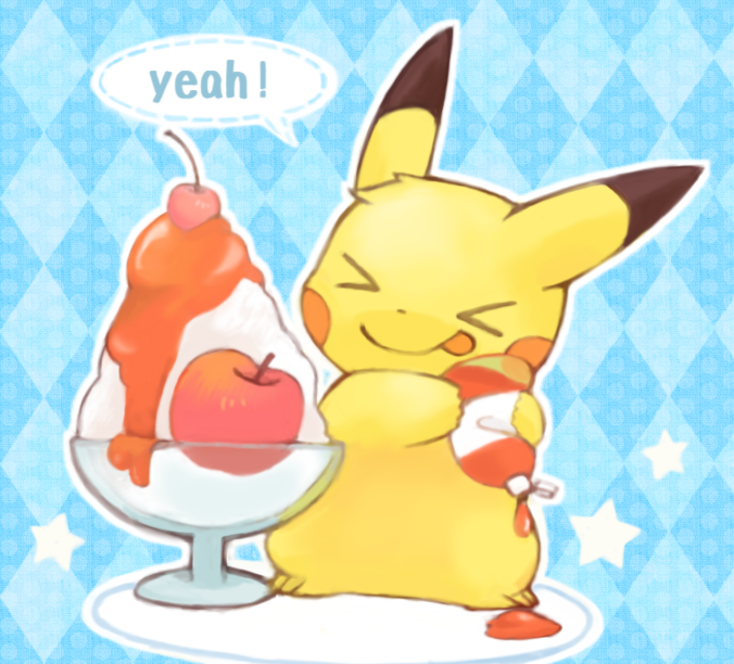 &gt;_&lt; apple cherry chibi closed_eyes commentary_request english food fruit ice_cream_cup ketchup ketchup_bottle mochi_(empty_p) no_humans pikachu pokemon pokemon_(creature) shaved_ice smile tongue tongue_out