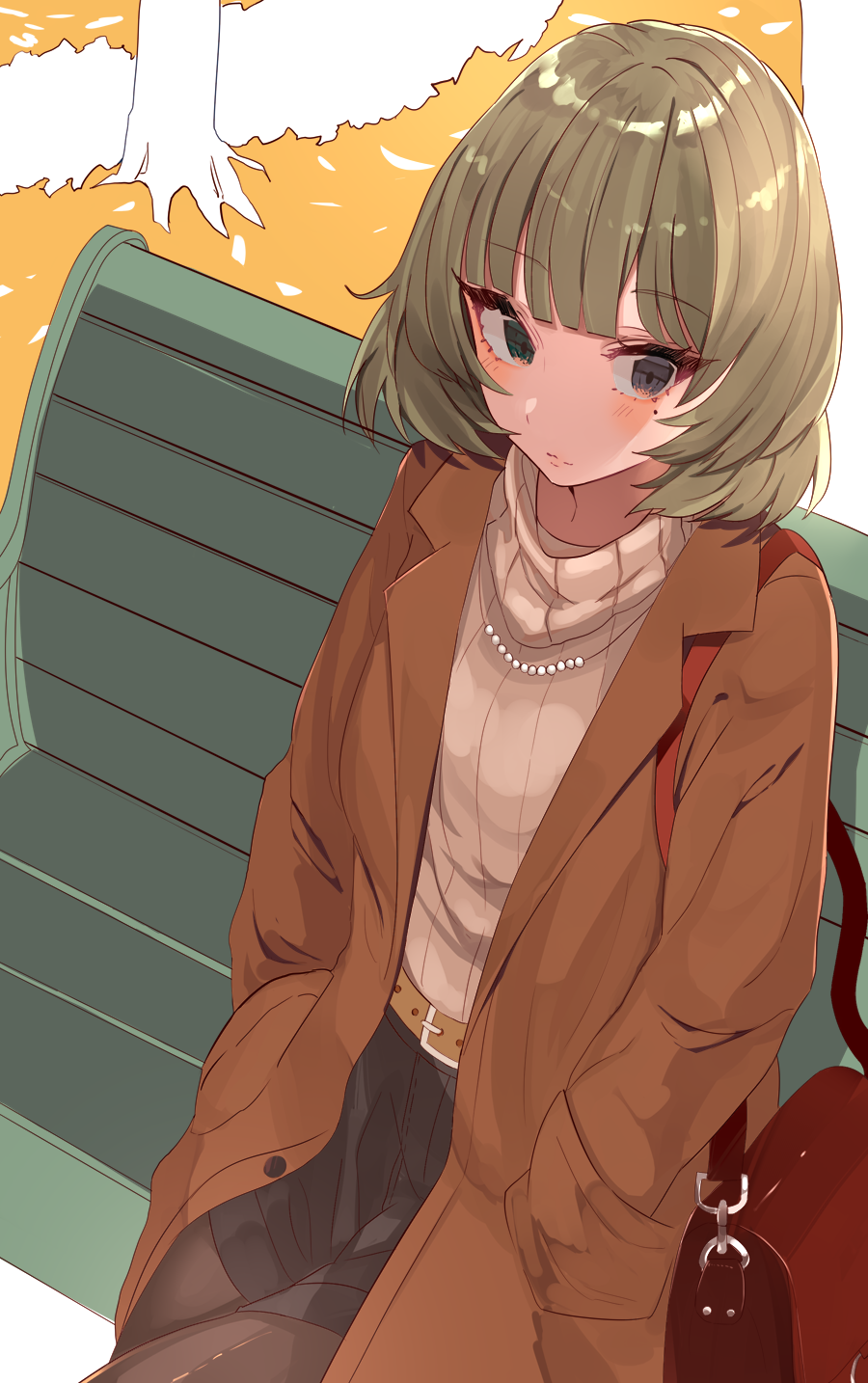 1girl asyde bag bangs belt bench black_skirt blue_eyes blush brown_coat brown_hair coat eyelashes green_eyes handbag hands_in_pockets heterochromia highres idolmaster idolmaster_cinderella_girls jewelry looking_to_the_side mole mole_under_eye necklace open_clothes open_coat outdoors pantyhose pearl_necklace ribbed_sweater short_hair sitting skirt solo sweater takagaki_kaede turtleneck turtleneck_sweater