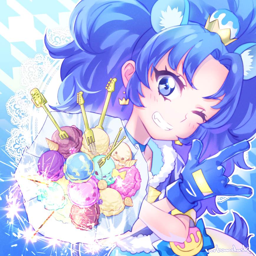 1girl \m/ animal_ears bangs blue blue_background blue_bow blue_eyes blue_gloves blue_hair blue_neckwear bow choker crown cure_gelato earrings extra_ears food fork gloves grin ice_cream jewelry kirakira_precure_a_la_mode lion_ears long_hair looking_at_viewer magical_girl mini_crown object_namesake one_eye_closed parted_bangs precure smile solo tategami_aoi urbandusk